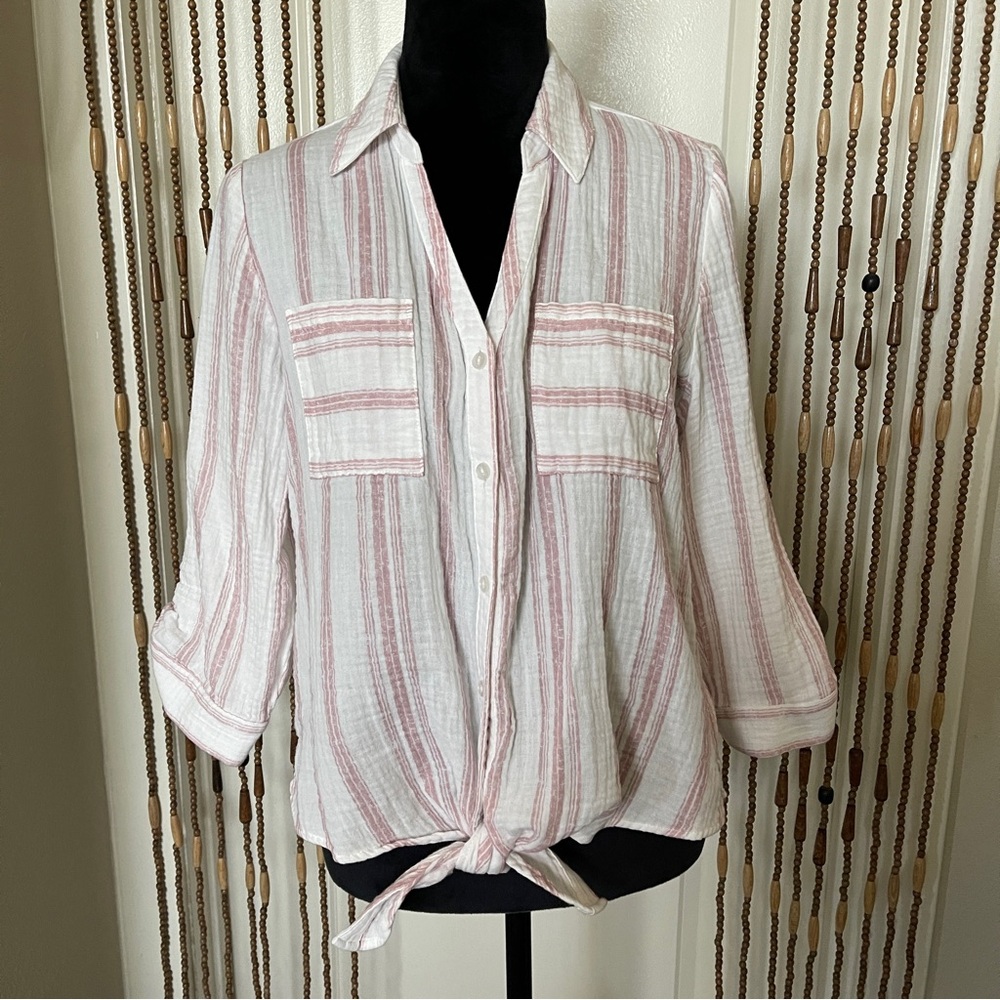 Fortune + Ivy Tie Front Pink and White 3/5 Sleeve Crop Top Size Large